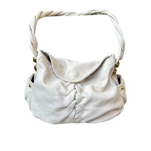 B. Makowsky Cream Leather Baguette Bag with Leopard Print Interior